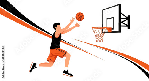 Basketball player throwing the ball illustration with abstract design elements and action