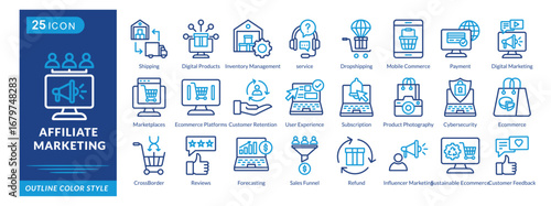 Affiliate Marketing icon set collection in outline color style. an icon pack contain Shipping,Fulfillment,Digital,Products,Inventory,Management,Dropshipping,Mobile,Commerce