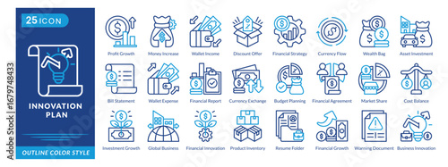 Innovation Plan icon set collection in outline color style. an icon pack contain Profit Growth,Money Increase,Wallet Income,Discount Offer,Financial Strategy,Currency Flow,Wealth Bag