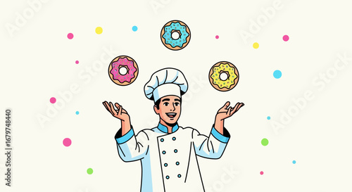 Cartoon Chef Juggling Donuts with Colorful Dots Background illustration