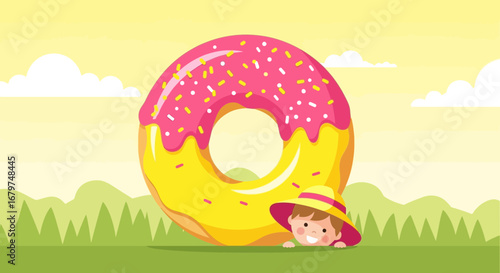 Cartoon depiction of a cute child peeking from behind a vibrant donut illustration