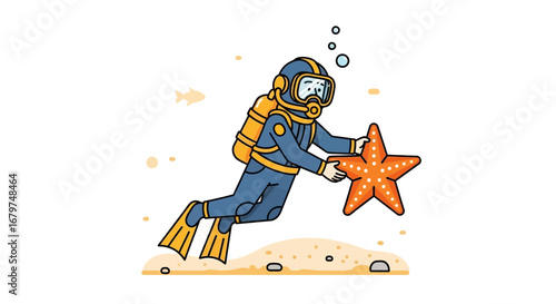 Cartoon diver holding a starfish underwater in a bright and playful illustration