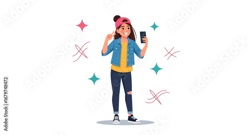 Cartoon depiction of a girl taking a selfie with a mobile smartphone and making a peace sign gesture.