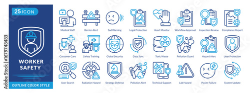 Worker Safety icon set collection in outline color style. an icon pack contain Medical Staff,Barrier Alert,Sad Warning,Worker Safety,Heart Monitor,Customer Care,Global Security,Data Sync