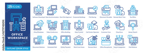 Office Workspace icon set collection in outline color style. an icon pack contain Cloud Sync,Document Deletion,Scheduled Mail,Online Payment,Office Workspace,Remote Work,Paid Webinar