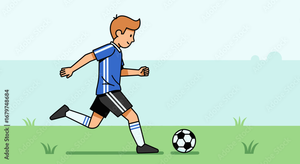 Obraz premium Cartoon Illustration of a Boy Kicking a Soccer Ball on a Green Field