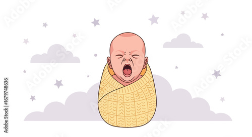 Cartoon illustration of a baby yawning while wrapped in a blanket and stars around