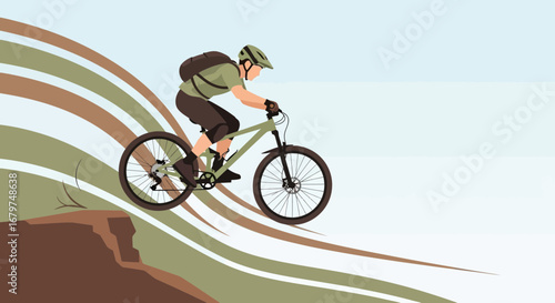 Biker Descending Steep Mountain Trail, Vector Illustration Of Extreme Cycling Expedition