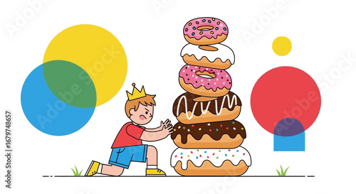 Cartoon illustration of a boy in a crown trying to balance a stack of donuts perfectly