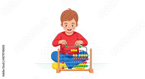 Cartoon Illustration of a Boy Calculating with an Abacus on a White Background