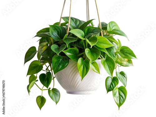 Lush green heart shaped leaves trailing from a white hanging planter isolated on a transparent background