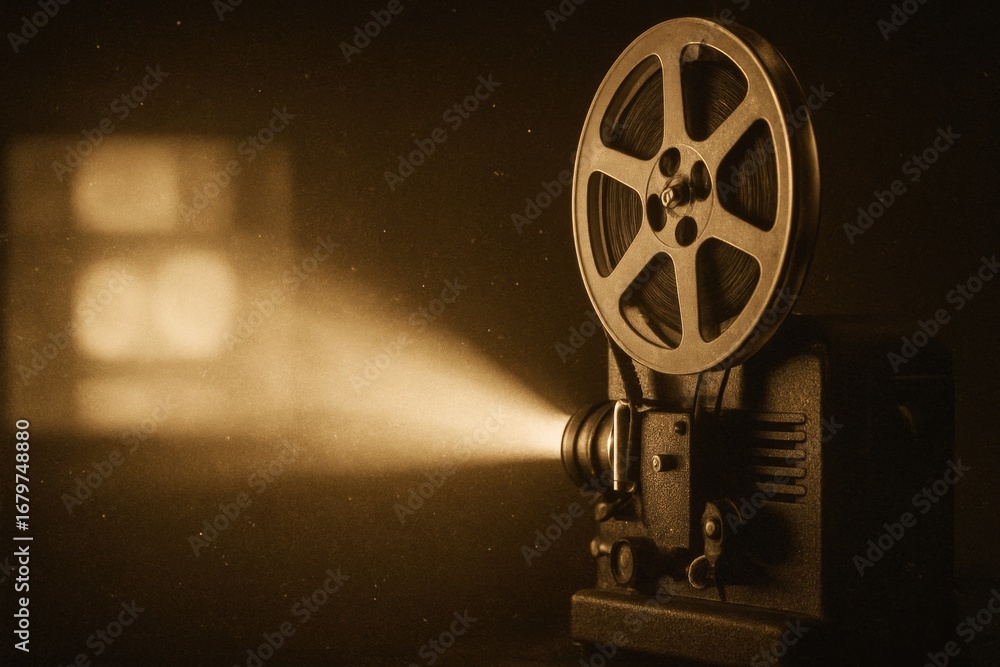 Fototapeta premium Vintage film projector projecting a movie in a dark cinema setting.