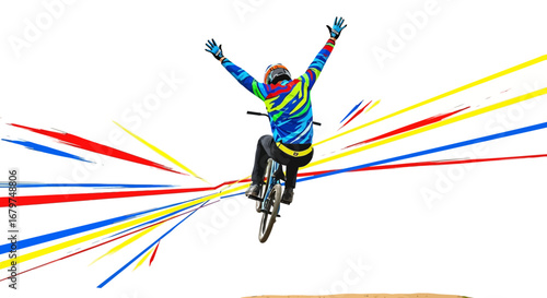 BMX Rider Celebrating Victory with Raised Arms in the Air with Colorful Lines