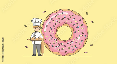 Cartoon illustration of a chef with a giant donut and rolling pin baking sweets