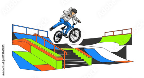 BMX Rider Performing a Stunt at Skate Park, Colorful Illustration on White Background