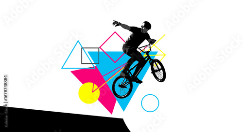 BMX Rider Performing a Trick with Geometric Shapes, Dynamic Composition and Vibrant Colors