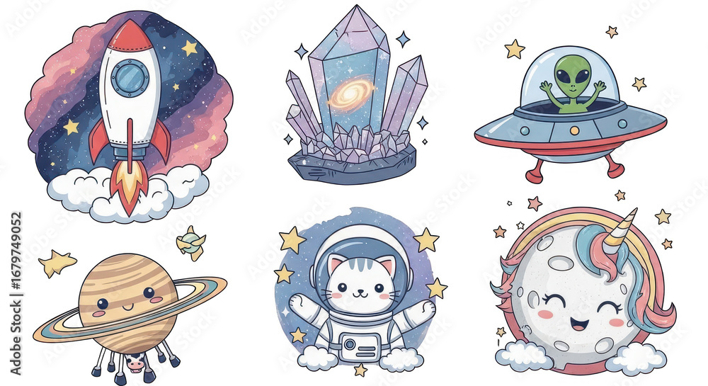 Fototapeta premium Whimsical space adventure collection featuring rockets aliens cats and unicorns