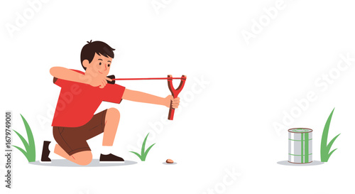 Boy Aiming Slingshot At A Can, Illustrating Childhood Games And Outdoor Activities