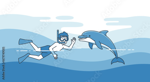 Cartoon illustration of a diver swimming with a dolphin in the ocean waters