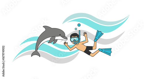 Cartoon illustration of a diver swimming with a dolphin in the ocean, minimal design