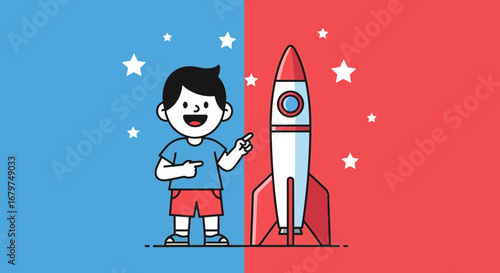Boy And Rocket Illustration Against a Colorful Background Depicting Excitement and Adventure
