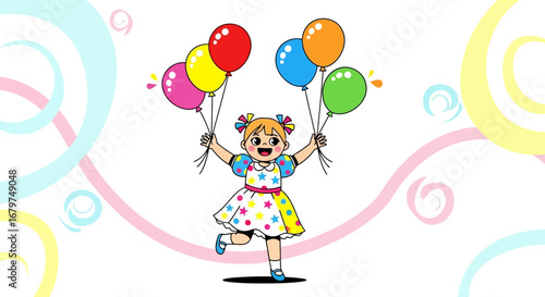 Cartoon illustration of a girl holding colorful balloons, representing childhood happiness