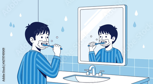Boy Brushing His Teeth In Front Of A Bathroom Mirror Daily Oral Clean Routine