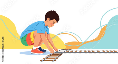 Boy Arranging Miniature Rail Tracks: Constructing a Playful Path for Joy and Imagination