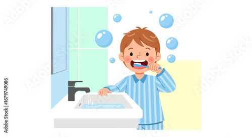 Boy Brushing Teeth in Bathroom Depicting Oral Hygiene and Healthy Lifestyle Morning Routine