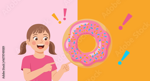 Cartoon illustration of a girl pointing at a donut with colorful sprinkles and background