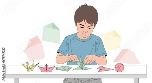 Boy Crafting Paper Art Forms, Origami Creation, A Creative Hobby For Young Minds