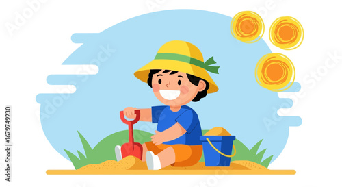 Cartoon illustration of a happy child playing with a shovel and sand bucket on the beach