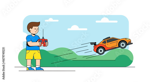 Boy Controls Toy Car with Radio Remote, Depicting Playful Hobby and Leisure