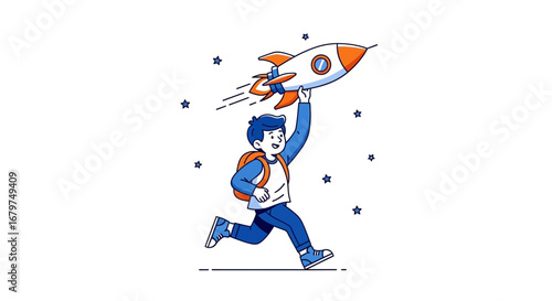 Boy Embraces Rocket, Running Forward to Seek Discovery And Dreams in the Universe