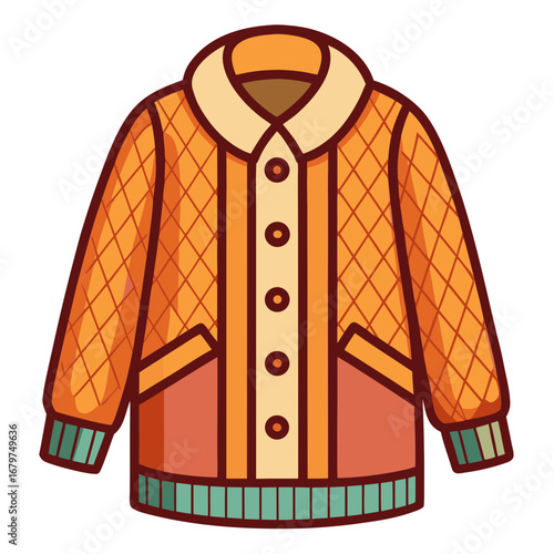 Cartoon vector illustration of a cozy orange knitted winter cardigan with buttons and pockets