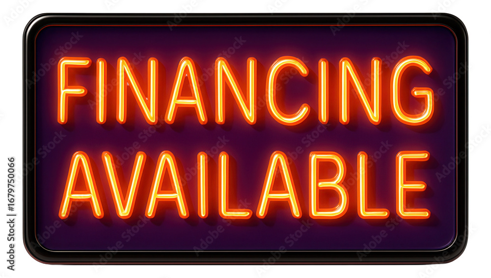 Fototapeta premium Neon sign with FINANCING AVAILABLE message in bright letters, attention-grabbing retail promotion on transparent background.