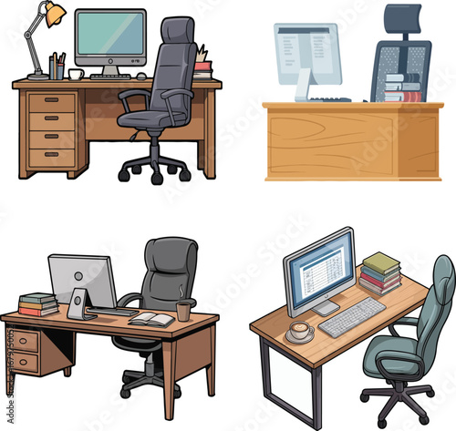 Modern office desk vector illustrations