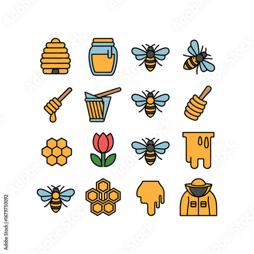 Collection of cute bee and honey-themed icons representing beekeeping and natural sweetness