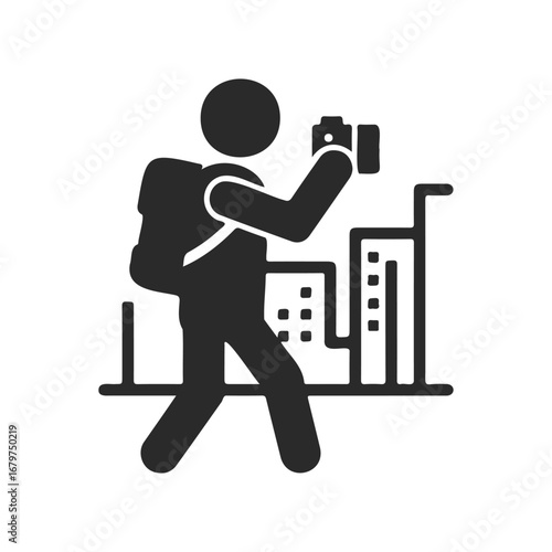 Silhouette of traveler filming urban cityscape with backpack and camera