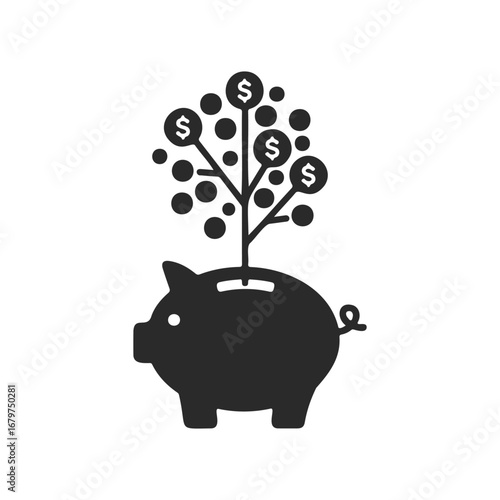 Black piggy bank with money tree growing from top symbolizing financial growth