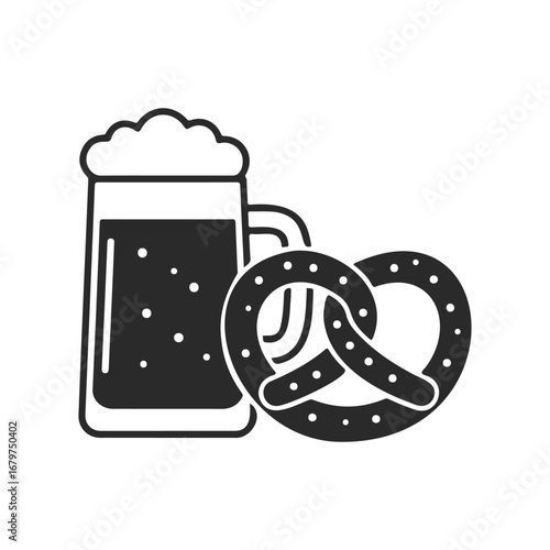 Black and white beer mug with pretzel icon on white background