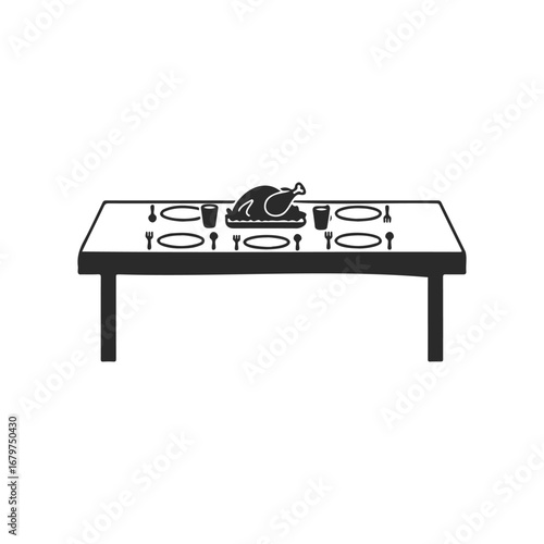 Silhouette of festive dining table with turkey and tableware