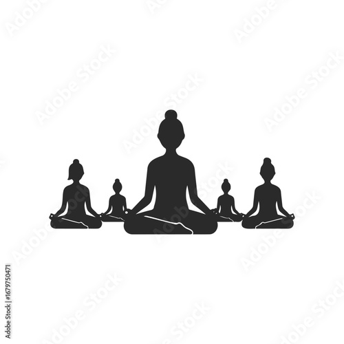 Silhouette of five women practicing yoga meditation in lotus pose