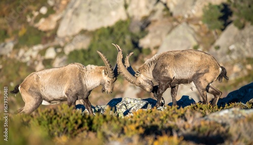 Dramatic clash of Iberian Ibex in the Sierra de Gredos mountains of Spain