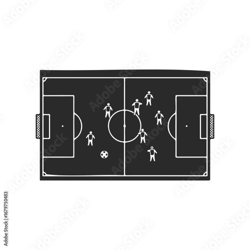 Chalkboard style soccer tactics on field with players and ball