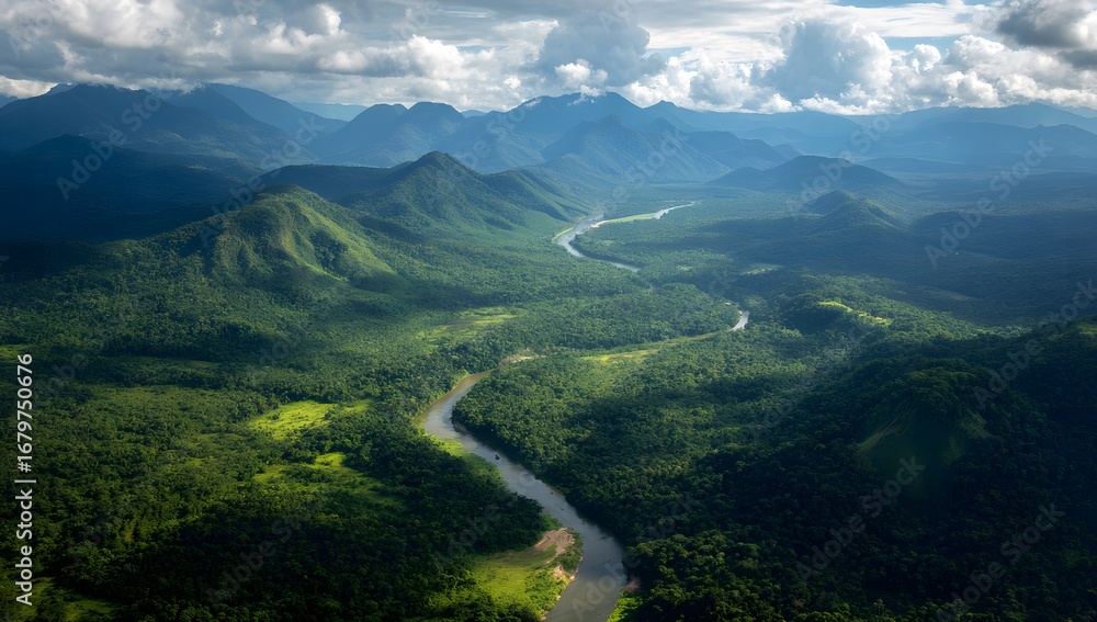 Fototapeta premium Majestic aerial view of a winding river through lush green mountains under dramatic sunlight and clouds