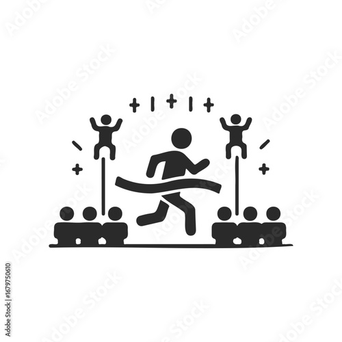 Stick figure icon of race finish with celebration and spectators