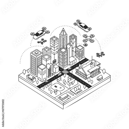 Futuristic urban cityscape with drones and modern architecture