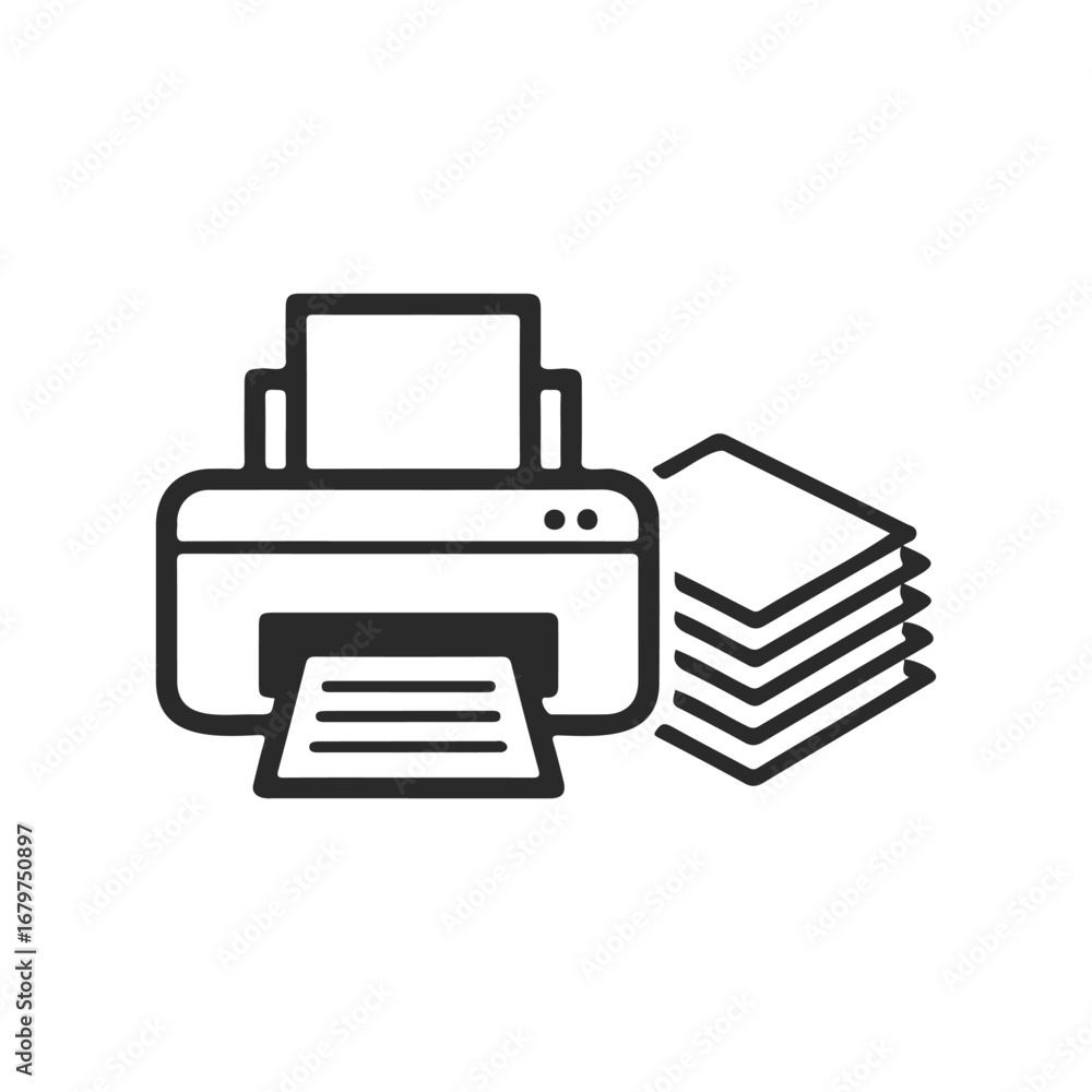 Black and white printer icon with stack of paper Black and white printer icon with stack of paper
