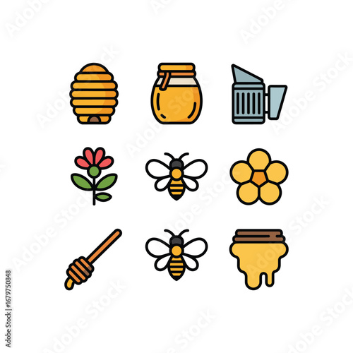 Charming honey bee and apiary icons set featuring hive jar flower dipper honeycomb and bee